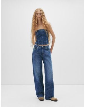 Pull&Bear Straight-Leg Baggy Jeans With Rhinestones - Blue