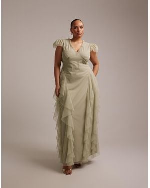 Lace & Beads Plus Bridesmaid Plunge Neck Tulle Ruffle Maxi Dress - Natural