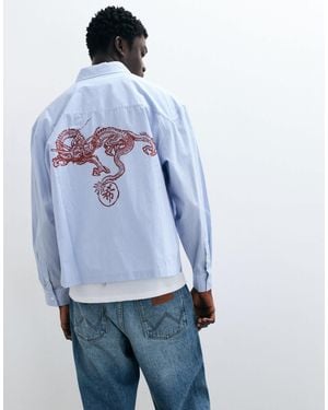 ASOS Boxy Oversized Stripe Shirt With Dragon Print - Blue