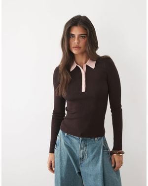 Nobody's Child Fine Rib Knitted Contrast Collar Long Sleeve Top - Blue