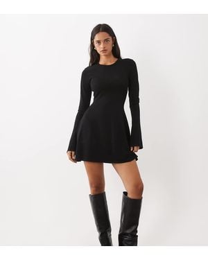 Kaiia Exclusive Compact Knit Flared Sleeve Mini Skater Dress - Black