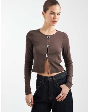 ONLY Long Sleeve Rib Top With Silver Button Detail - Brown