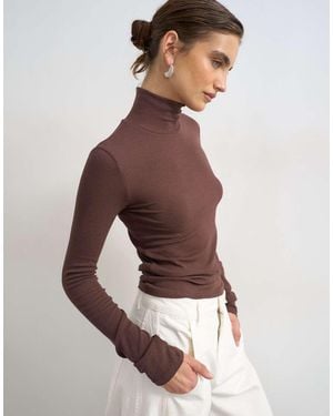 TOPSHOP Premium Rib Knit Funnel Neck Long Sleeve Top - Brown