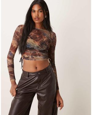 New Look Ruched Side Mesh Top - Brown