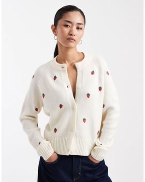 Threadbare Contrast Stitch Cardigan With All Over Strawberry Embroidery - Natural