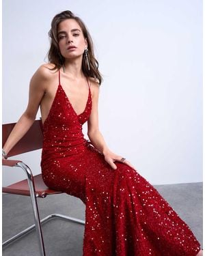 TOPSHOP Plunge Velvet Sequin Full Length Maxi Gown - Red