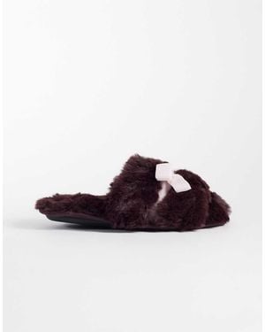 Boux Avenue Open Toe Diamante Heart Bow Front Plush Slippers - Brown