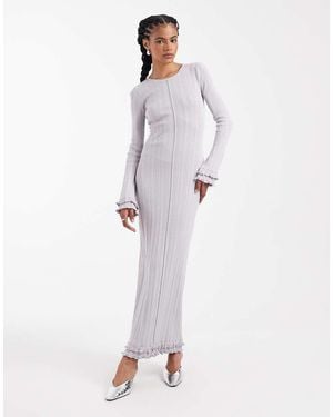 4th & Reckless Ribbed Knit Lettuce Edge Hem Long Sleeve Seam Front Maxi Dress - White