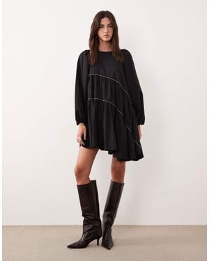 Ghospell Cotton Blend Beaded Trim Asymmetric Hem Mini Dress - Black