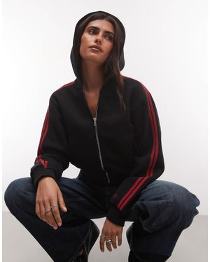 Collusion Cropped Hoodie Stripe Zip Through - Black
