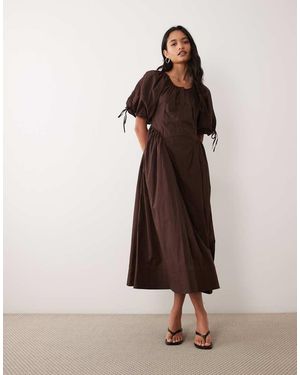 Y.A.S Katoenen Poplin Maxi Jurk Met Gerimpelde Taille - Bruin