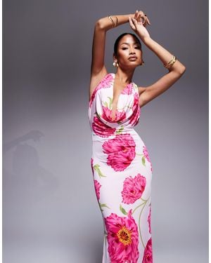 AFRM Robe longue en maille imprimé fleuri avec dos nu et col bénitier - Rose