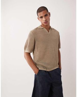 ASOS Oversized Knitted Short Sleeve Notch Neck Polo - Natural