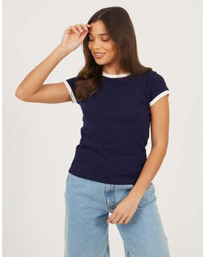 Brave Soul Cotton Rich Contrast Trim T-Shirt - Blue