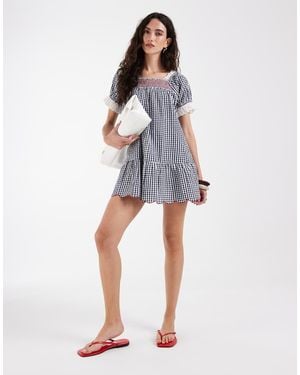 Neon Rose Ruffle Square Neck Babydoll Dress - Blue