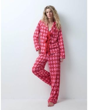 Loungeable Pyjamaset Met Overhemd Met Striksluiting En Broek - Rood