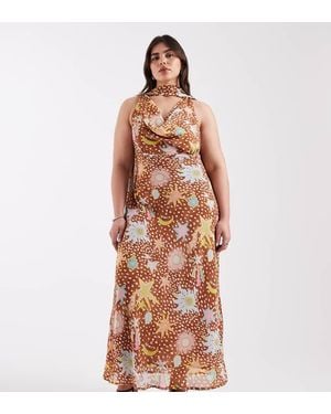 Never Fully Dressed Chiffon Cowl Scarf Neck Maxi Dress - Brown