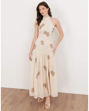 Maya Embellished Drop Waist Halter Neck Midaxi Dress - Natural