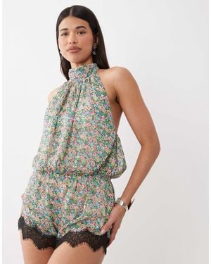 AFRM Logain Polo Neck Halter Lace Trim Playsuit - Grey