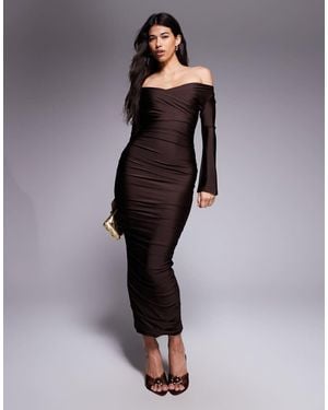 Ruched & Ready You Wish Sculpted High Shine Off Shoulder Sweetheart Neck Maxi Dress - Blue