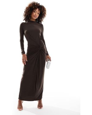 DASKA Stretch Long Sleeve High Neck Twist Detail Maxi Dress - Black