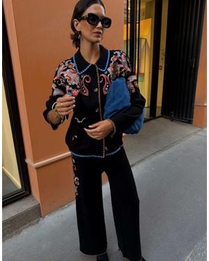 Never Fully Dressed Knit Wide Leg Scallop Edge Embroidered Trackies - Blue