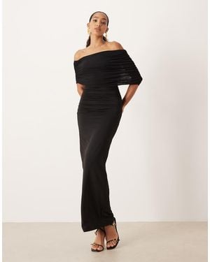 SNDY'S Mesh Bardot Sleeve Ruched Waist Maxi Dress - Red