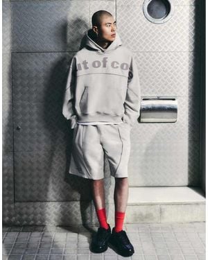 Bershka Hooded Print Sweatshirt - Grey
