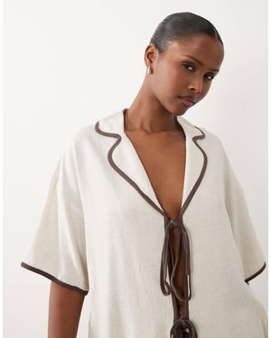 The Frolic Exclusive Linen Feel Contrast Trim Collared Tie Front Beach Shirt Co-ord - White
