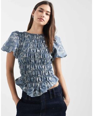 Daisy Street Gesmokte Denim Top Met Pofmouwen - Blauw