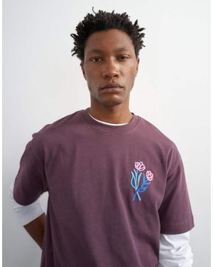 TOPMAN Camiseta Morada Holgada Con Bordado Floral En La Parte Delantera Y Trasera - Morado