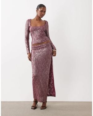 ASOS Co-ord Foiled Lace High Split Midi Pencil Skirt - Purple