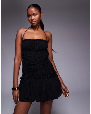 Aria Cove Chiffon Trim Ruffle Drop Waist Tie Detail Mini Dress - Blue