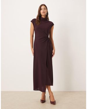 Mango Vestido Largo Color Baya Con Cuello Alto, Mangas De Casquillo Y Lazada En La Cintura De -Rojo