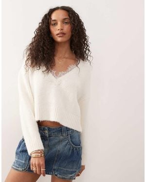 Monki Fluffy Knitted V-neck Jumper With Lace Trim - White