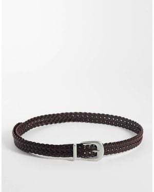 ASOS Skinny Woven Leather Belt With Silver Curve Buckle And Metal Tip - Brown