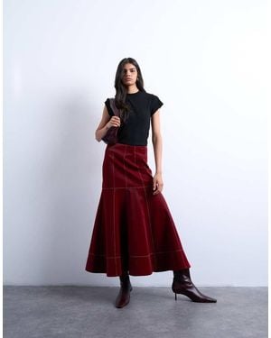 TOPSHOP Falda Larga Roja De Poliuretano Con Cintura Baja Y Costuras En Contraste De - Rojo