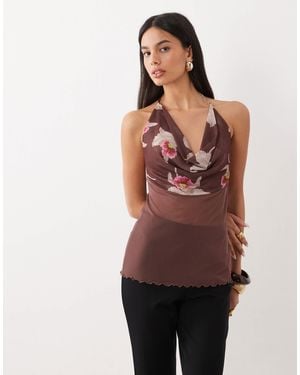ASOS Co-ord Cowl Draped Printed Layered Mesh Top - Brown