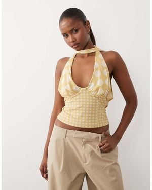 ASOS Printed Mesh Halterneck Top With Scarf Detail - Natural