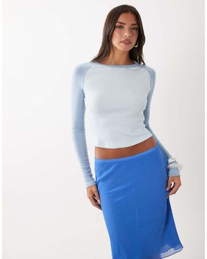 Lioness Bronx Two Tone Pointelle Detail Long Sleeve Top - Blue