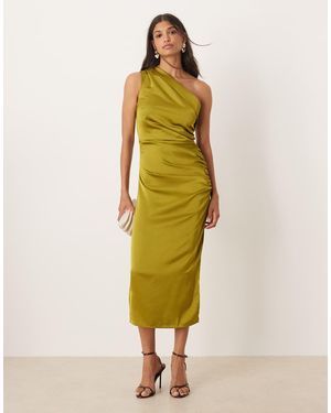 Mango One Shoulder Ruched Side Midi Dress - Yellow