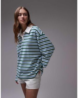 TOPSHOP Towelling Stripe Polo Shirt - Blue