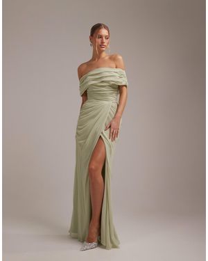 ASOS Bridesmaids Bardot Chiffon Draped Maxi Dress With Fixed Wrap Skirt - Brown