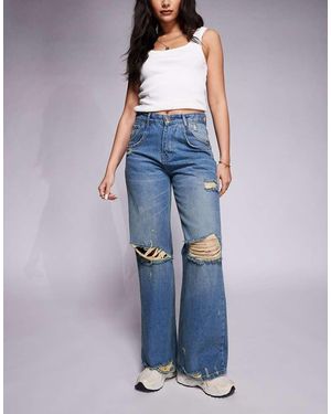 Courtside Extreme Distressed Wide Leg Jean - Blue