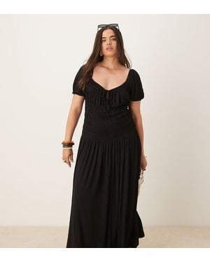 ASOS Asos Design Curve Crinkle Shirred Waist Milkmaid Puff Sleeve Tea Dress - Black