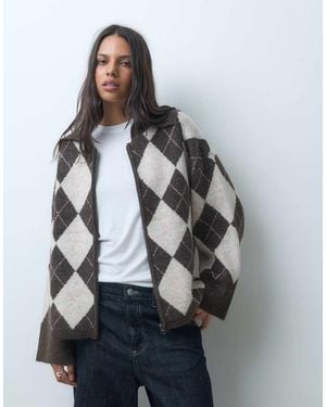 Pieces Premium Gebreide Trui Met Ritssluiting Aan De Voorkant, Kraag En Bruine Argyleprint - Grijs