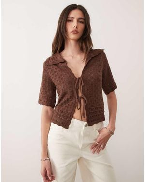New Look Pointelle Tie Front Collar Cardigan - Brown
