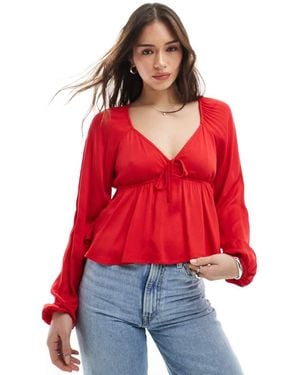Pimkie Tie Front Long Sleeve Peplum Top - Red