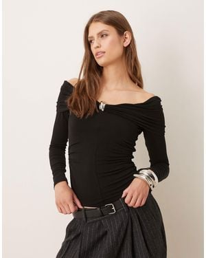 Mango Off Shoulder Top With Hardware Detail - Black