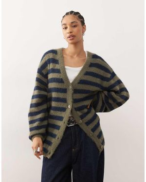 Monki Cárdigan Verde Oliva Y Azul Marino A Rayas Extragrande De Punto De